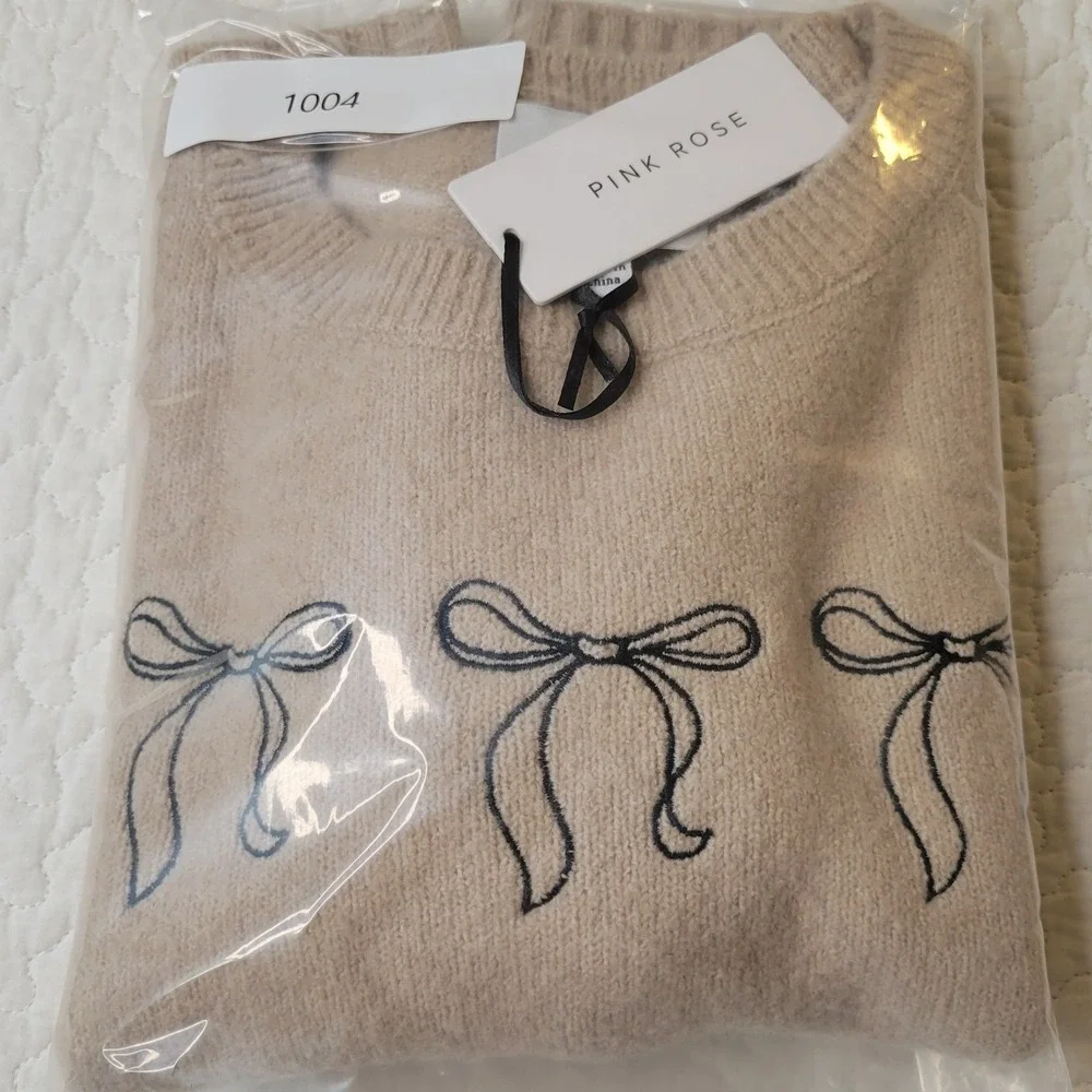 Pink Rose Short Sleeve Sweater Womens Sz M Tan Embroidered Bows Puff Sleeve NEW - Picture 12 of 13